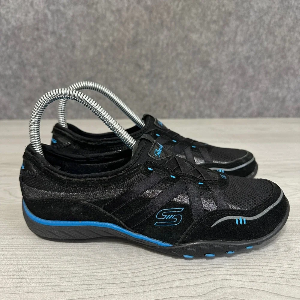 Skechers Relaxed Fit Sneakers Womens 6 Black Blue Bungee Slip On‎ Memory Foam